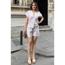 Bej Apaş Yaka, Kısa Kol Gömlek & Beli Lastikli, Cepli Şort - Çizgi Desen Fisto Alt Üst Takım