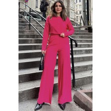 New Laviva Kadın Fuşya Düğmeli Yuvarlak Yaka Bluz & Beli Lastikli Geniş Paça Pantolon - Salaş Maya Takım