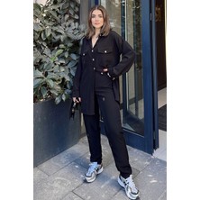 New Laviva Kadın Siyah Çift Cepli Uzun Gömlek & Beli Lastikli Pantolon - Rahat Alt & Üst Takım