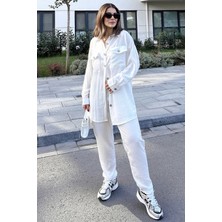 New Laviva Kadın Ekru Çift Cepli Uzun Gömlek & Beli Lastikli Pantolon - Rahat Alt & Üst Takım