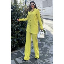 New Laviva Kadın Yeşil Gofre Kumaş, Çift Cepli Gömlek & Bol Paça Pantolon - Salaş Alt & Üst Takım