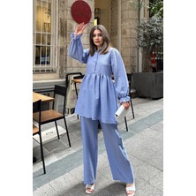 New Laviva Bebe Mavi Hakim Yaka Balon Kol Tunik Bol Paça PantolonTakım