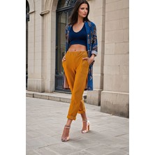 Hardal Beli Lastikli, Cep Detay, Casual Pantolon