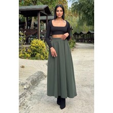 New Laviva Haki Lastikli Yüksek Bel, A Kesim, Dökümlü ve Salaş, Uzun Kupra Etek