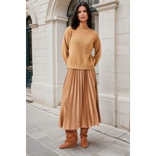 New Laviva Vizon Yüksek Bel, Beli Lastik Detaylı, Piliseli Uzun Etek