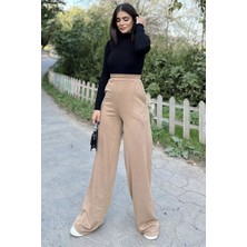 New Laviva Kadın Camel Beli Lastikli, Cepli Örme Dokuma Kumaş, Bol Paça, Salaş Pantolon