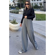 Kadın Antrasit Beli Lastikli, Cepli, Bol Paça, Salaş Pantolon