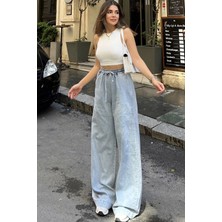 New Laviva Kadın Açık Mavi Beli Lastikli, Bagcıklı, Cepli, Bol Paça, Palazzo Kot Pantolon - Tesettüre Uygun