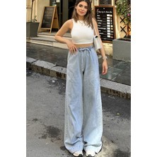 New Laviva Kadın Açık Mavi Beli Lastikli, Bagcıklı, Cepli, Bol Paça, Palazzo Kot Pantolon - Tesettüre Uygun