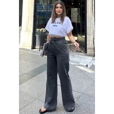 Kadın Siyah Beli Lastikli, Bagcıklı, Cepli, Bol Paça, Palazzo Kot Pantolon - Tesettüre Uygun