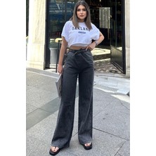 Kadın Siyah Beli Lastikli, Bagcıklı, Cepli, Bol Paça, Palazzo Kot Pantolon - Tesettüre Uygun