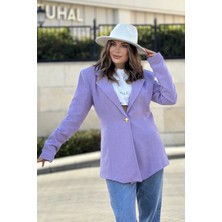 New Laviva Kadın Lila Astarlı Tek Düğme Vucüda Oturan Kalıp Fitilli Kaşe Kumaş Blazer Ceket