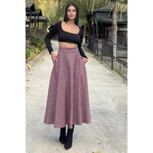 New Laviva Bordo Yüksek Bel, Cepli, Kiloş Kesim, Uzun Kaşe Etek