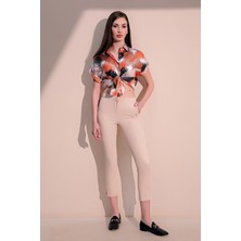 New Laviva Kadın Bej Beli Lastikli Şerit Detaylı Arka ve Yan Cepli Kalem Pantolon