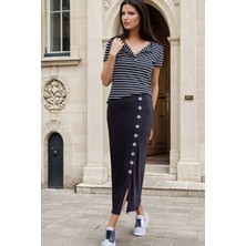 New Laviva Siyah Beli Lastikli, Düğme Detaylı, Midi Boy Etek