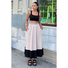 New Laviva Kadın Bej & Siyah Color Block Desen,beli Şerit Lastikli, Rahat Kalıp, Cepli Uzun Etek