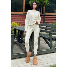 New Laviva Ekru Yüksek Bel, Arkası Lastikli, Esnek Deri Tayt