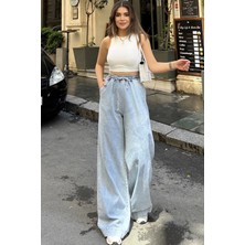 New Laviva Kadın Açık Mavi Beli Lastikli, Bagcıklı, Cepli, Bol Paça, Palazzo Kot Pantolon - Tesettüre Uygun