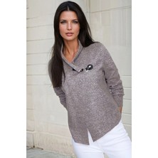 Pudra Broş Yaka, Uzun Kol, Lazer Kesim, Dokulu Kumaş, Düğmesiz Ceket Hırka