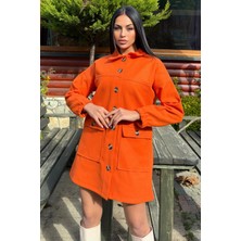 New Laviva Oranj Düğme Detaylı Kapaklı Cep, Midi Polar Kaşe Ceket