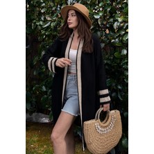 New Laviva Kadın Siyah Müslin Kumaş, Hasır Şerit Detaylı Salaş Kimono Ceket