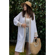 New Laviva Kadın Beyaz Müslin Kumaş, Hasır Şerit Detaylı Salaş Kimono Ceket
