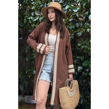 New Laviva Kadın Kahve Müslin Kumaş, Hasır Şerit Detaylı Salaş Kimono Ceket