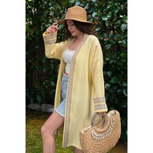 New Laviva Kadın Sarı Müslin Kumaş, Hasır Şerit Detaylı Salaş Kimono Ceket