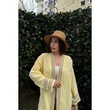 New Laviva Kadın Sarı Müslin Kumaş, Hasır Şerit Detaylı Salaş Kimono Ceket