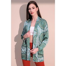 New Laviva Kadın Yeşil Etnik Desen Yeni Moda Saten Çift Cepli Salaş Kimono Ceket - Tesettüre Uygun
