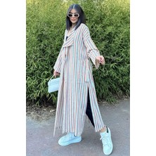 New Laviva Kadın Kiremit & Ekru Çizgili Kruvaze Yaka, Kemerli, Salaş Kesim, Yırtmaçlı, Çizgili, Uzun Trençkot 