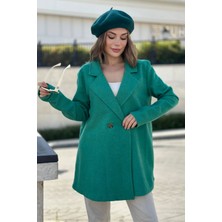 New Laviva Kadın Yeşil Astarlı, Kruvaze Ceket Yaka, Tek Düğme, Rahat Kalıp, Fitilli Kaşe Kumaş Kaban