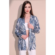 New Laviva Kadın Mavi Safari Desen Yeni Moda Saten Çift Cepli Salaş Kimono Ceket - Tesettüre Uygun