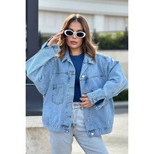 New Laviva Kadın Buz Mavi Apaş Yaka, Çift Cepli, Kaliteli Jeans Kumaş, Salaş Kot Ceket