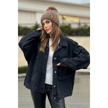 New Laviva Kadın Siyah Apaş Yaka, Çift Cepli, Kaliteli Jeans Kumaş, Salaş Kot Ceket