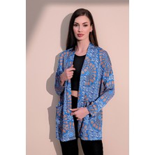 New Laviva Kadın Saks Etnik Desen Yeni Moda Saten Çift Cepli Salaş Kimono Ceket - Tesettüre Uygun