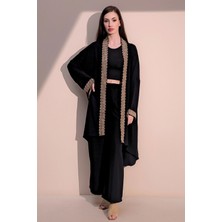 New Laviva Kadın Siyah Şık Hasır Detaylı Kuşaklı Salaş Kimono - Tesettüre Uygun