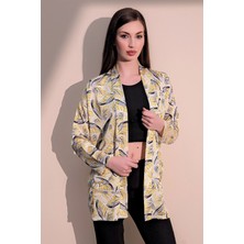 New Laviva Kadın Sarı Safari Desen Yeni Moda Saten Çift Cepli Salaş Kimono Ceket - Tesettüre Uygun