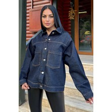 Lacivert Denim Color, Apaş Yaka, Çift Cepli, Kaliteli Jeans Kumaş, Salaş Kot Ceket