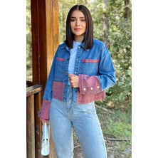 New Laviva Kadın Mavi & Kırmızı Denim Kontrast Çift Renk Detay Ön Düğmeli Manşetli Kot Ceket