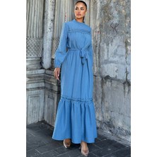 Indigo Kuşaklı, Dantel Detaylı, Maksi Lotus Elbise