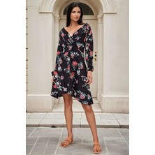 Siyah Kruvaze Yaka, Floral Desenli, Midi Elbise