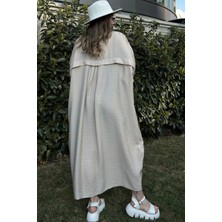 New Laviva Kadın Saks Yarasa Kol Arkası Pliseli Çift Cepli Uzun Oversize Salaş Gömlek Elbise