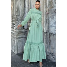 Mint Yeşil Kuşaklı, Dantel Detaylı, Maksi Lotus Elbise