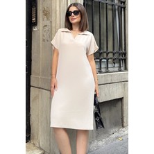 New Laviva Bej Kısa Kol, Polo Yaka, Dokulu Kumaş, Basic Kalıp/kesim, Aerobin Rahat Midi Elbise