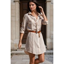 New Laviva Bej Gömlek Yaka, Dokulu, Cep Detaylı, Mini Gömlek Elbise