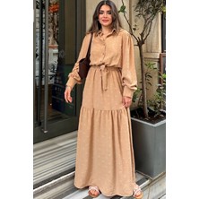 New Laviva Kadın Camel Dokulu Kumaş, Beli Kuşaklı, Balon Kol, A Kesim, Vintage Maksi Elbise - Tesettüre Uygun