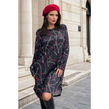 New Laviva Lacivert Yuvarlak Yaka, Zincir Desenli, Midi Elbise