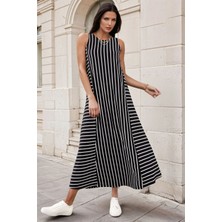 New Laviva Siyah Yuvarlak Yaka, Uzun Çizgili, Kolsuz, A Kesim Elbise