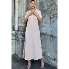 New Laviva Vizon Polo Yaka, Kısa Kol, Yırtmaçlı, Basic Model, Uzun Salaş Elbise